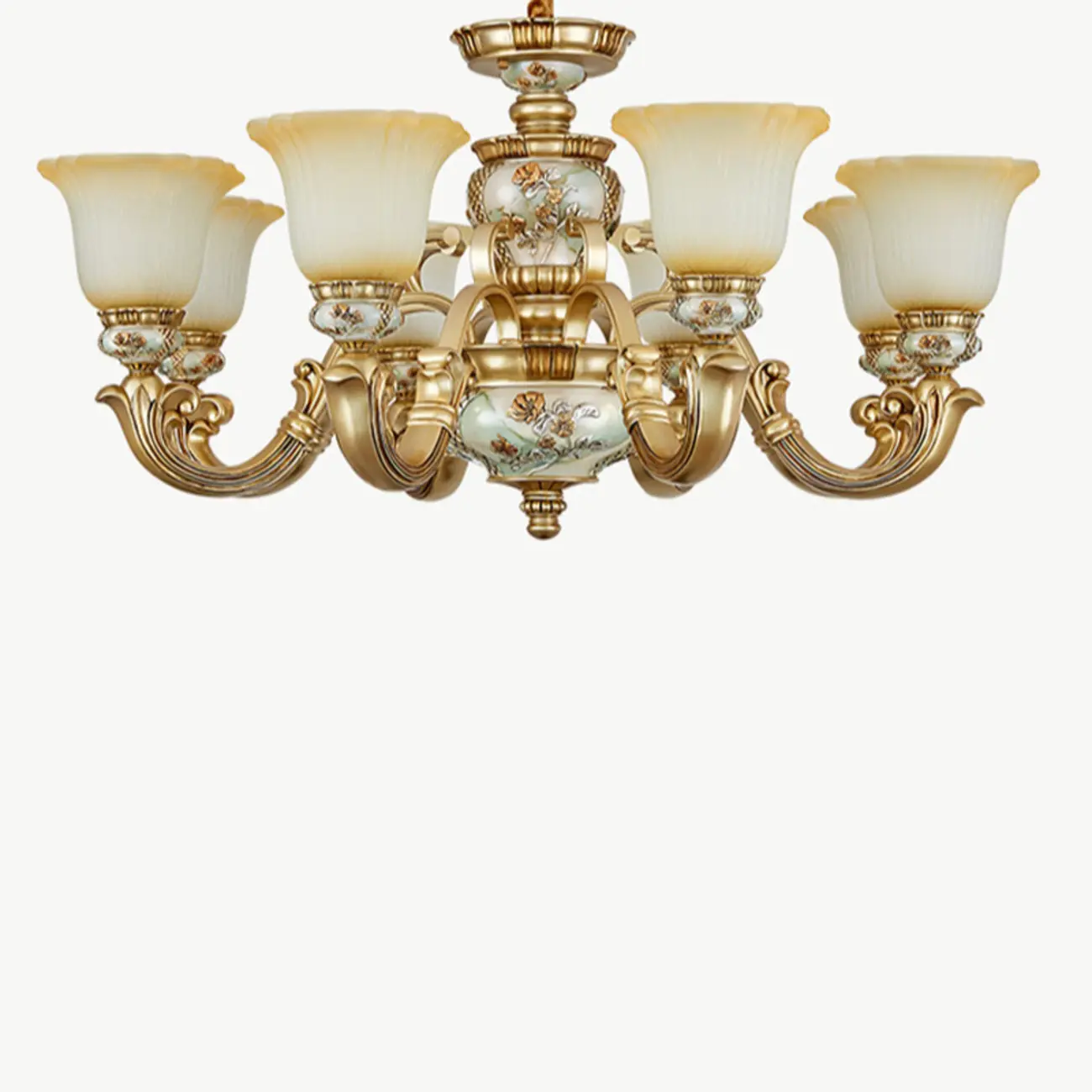 Antique Gold Ceramic Chandelier with Frosted Glass Bell Shape