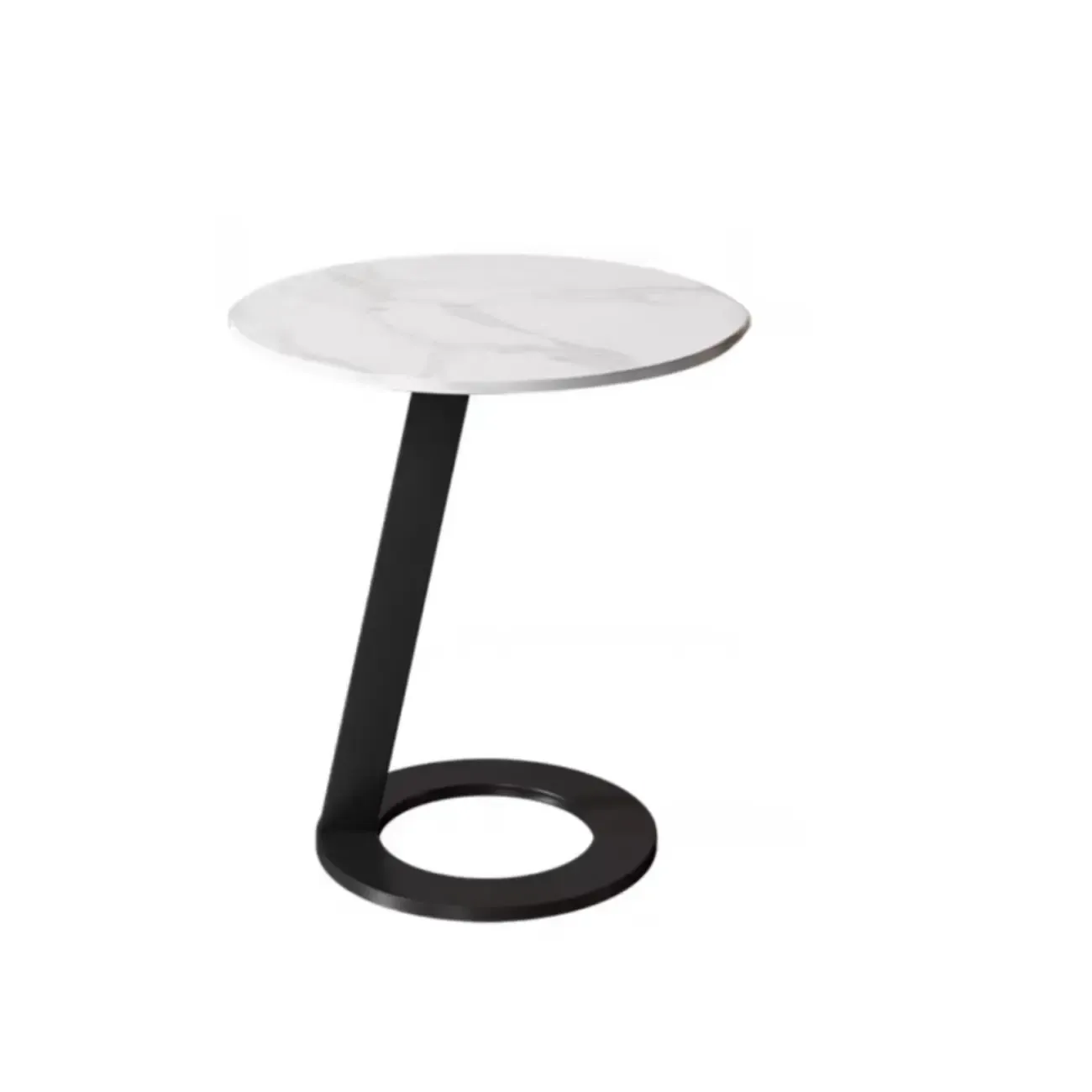 White Modern Stone Metal C Shaped Round Side Table