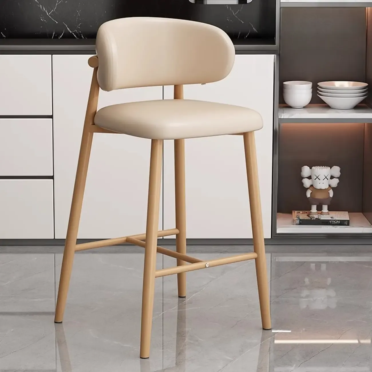 Modern Off-White Leather Curved Back Counter Bar Stools