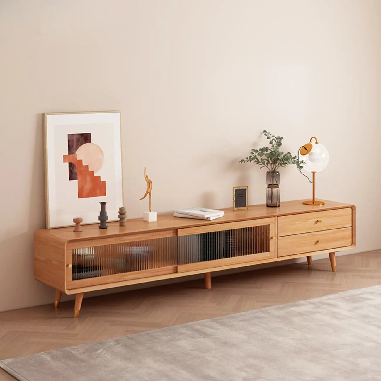 Long Brown 2-Drawer Pine Modern TV Stand with Cabinet