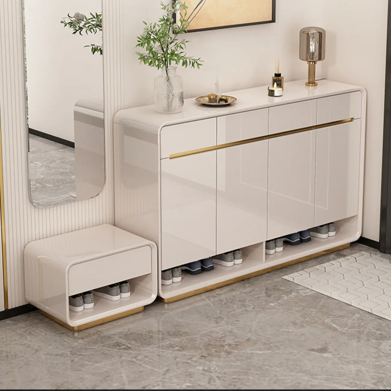 Glam Beige Solid Wood Shoe Cabinet with Display Top