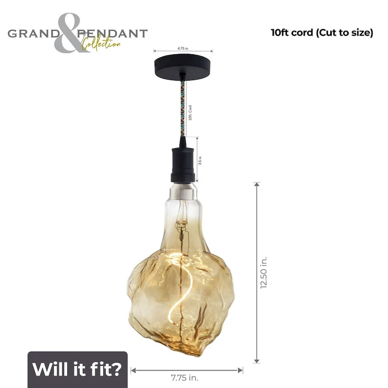 Bulbrite LED Grand Bulb and Pendant Kit of (1) 4 Watt Antique Glass 13  Glacier Shaped Bulb