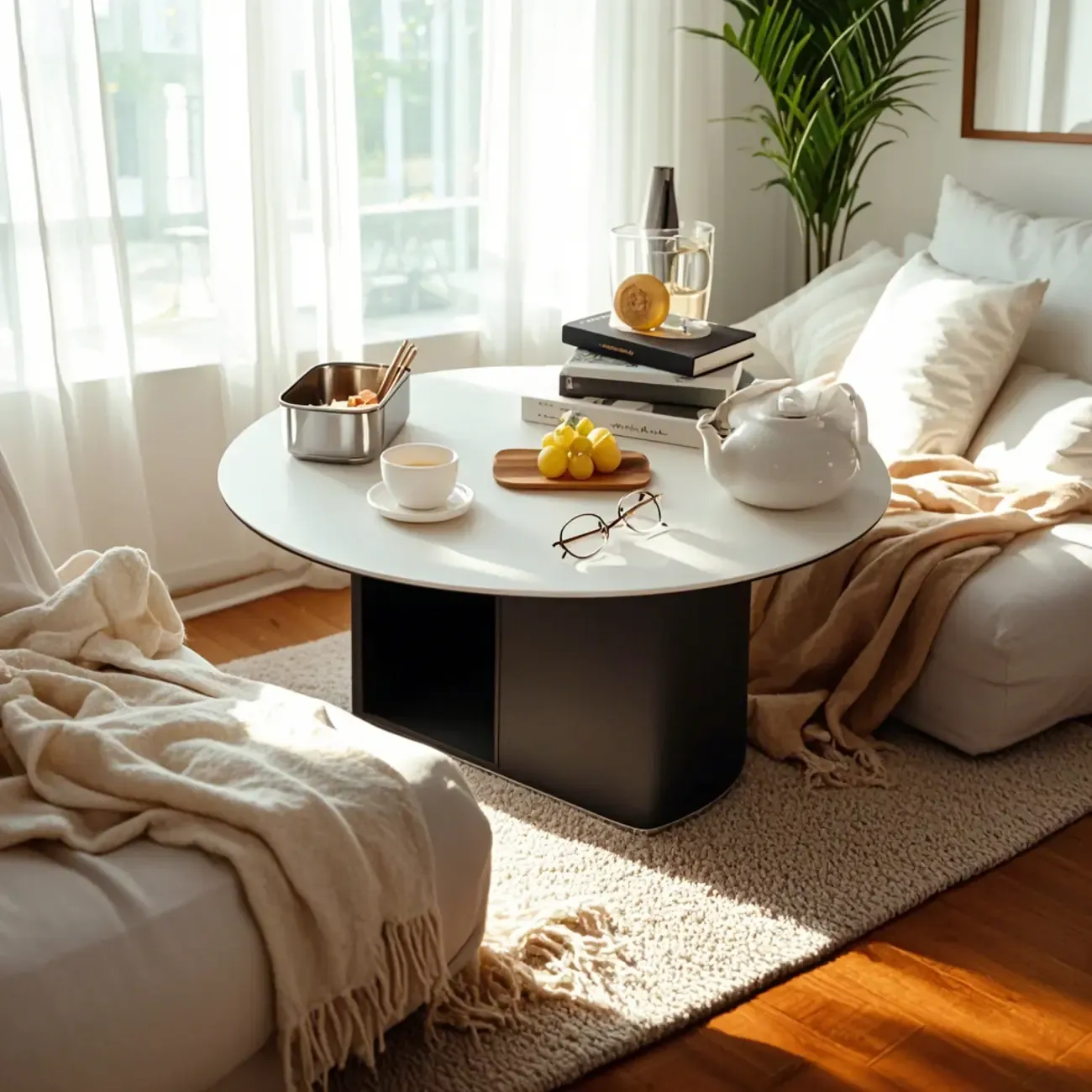 Modern Travertine White Round Coffee Table with Unique Base