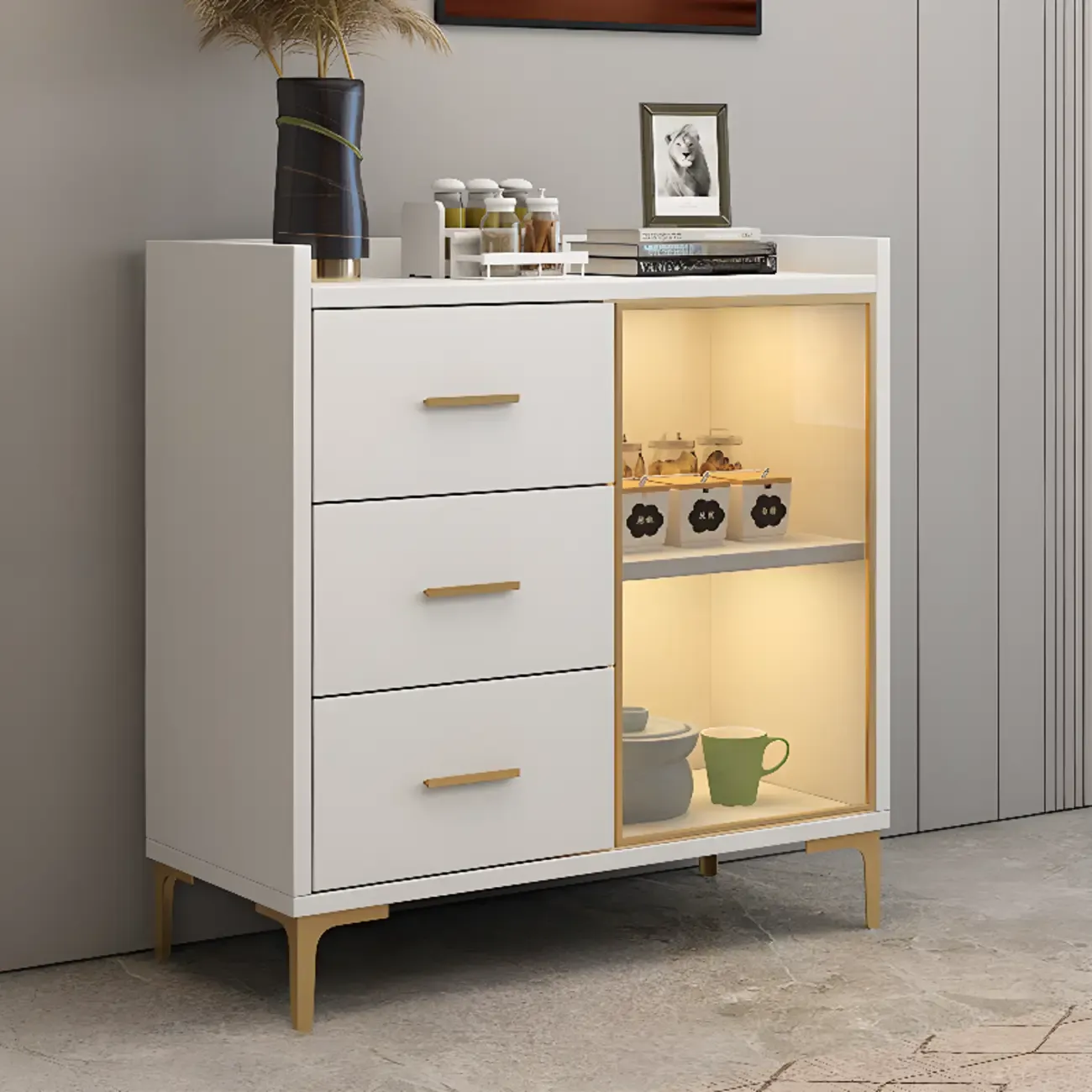 Trendy 6 Drawers White/Black Kitchen Cabinets with Metal Foot