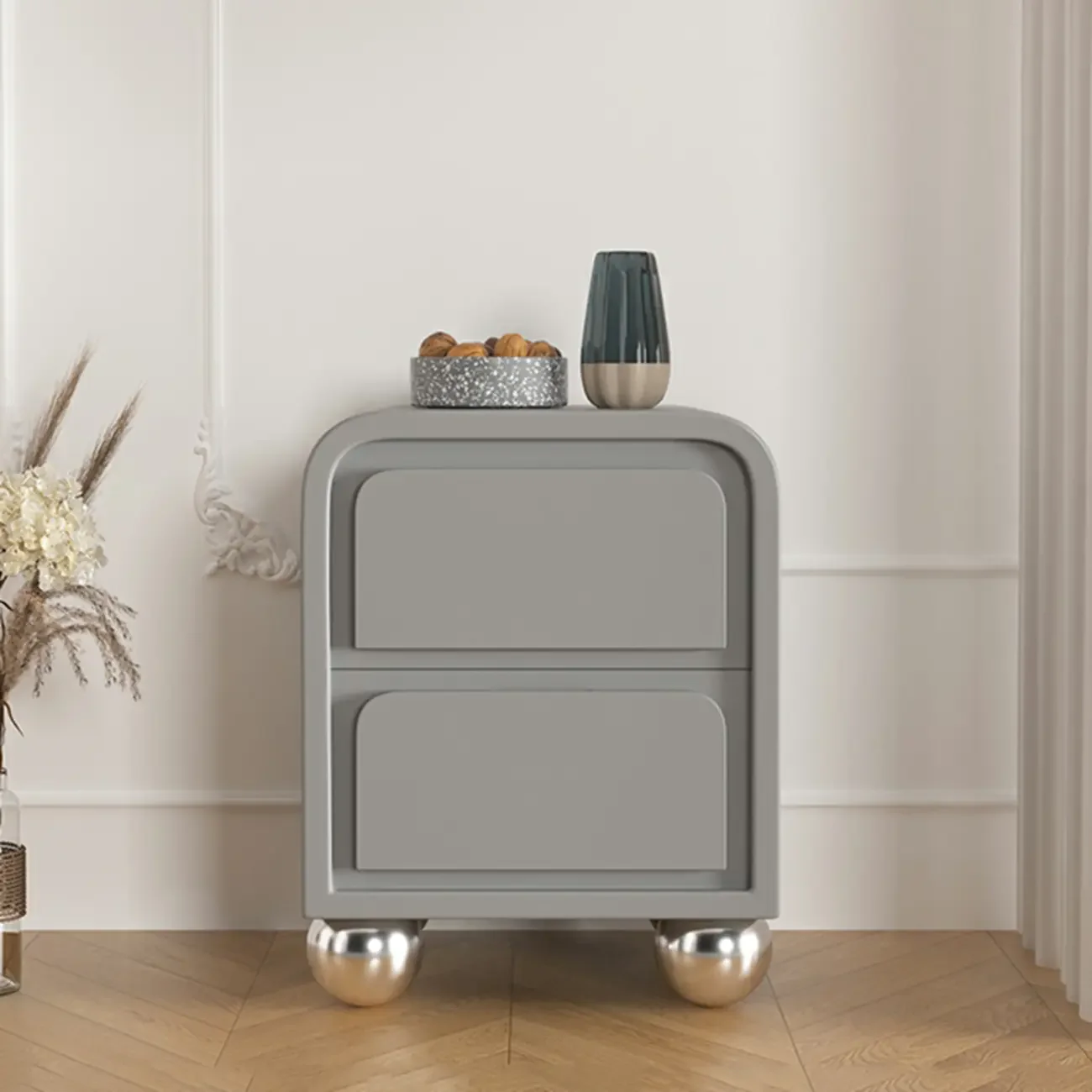 Narrow Off-White Faux Leather 2 Drawers Nightstand