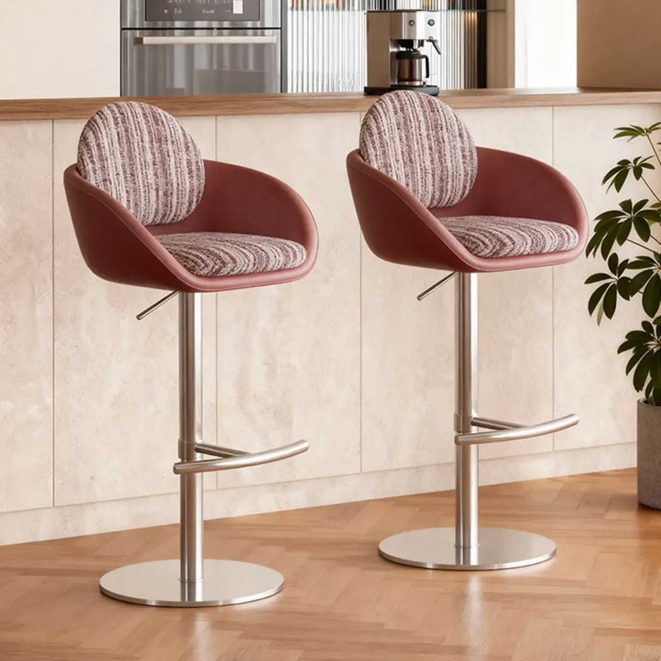 Modern Swivel Fabric Upholstered Bar Stools Stainless Steel