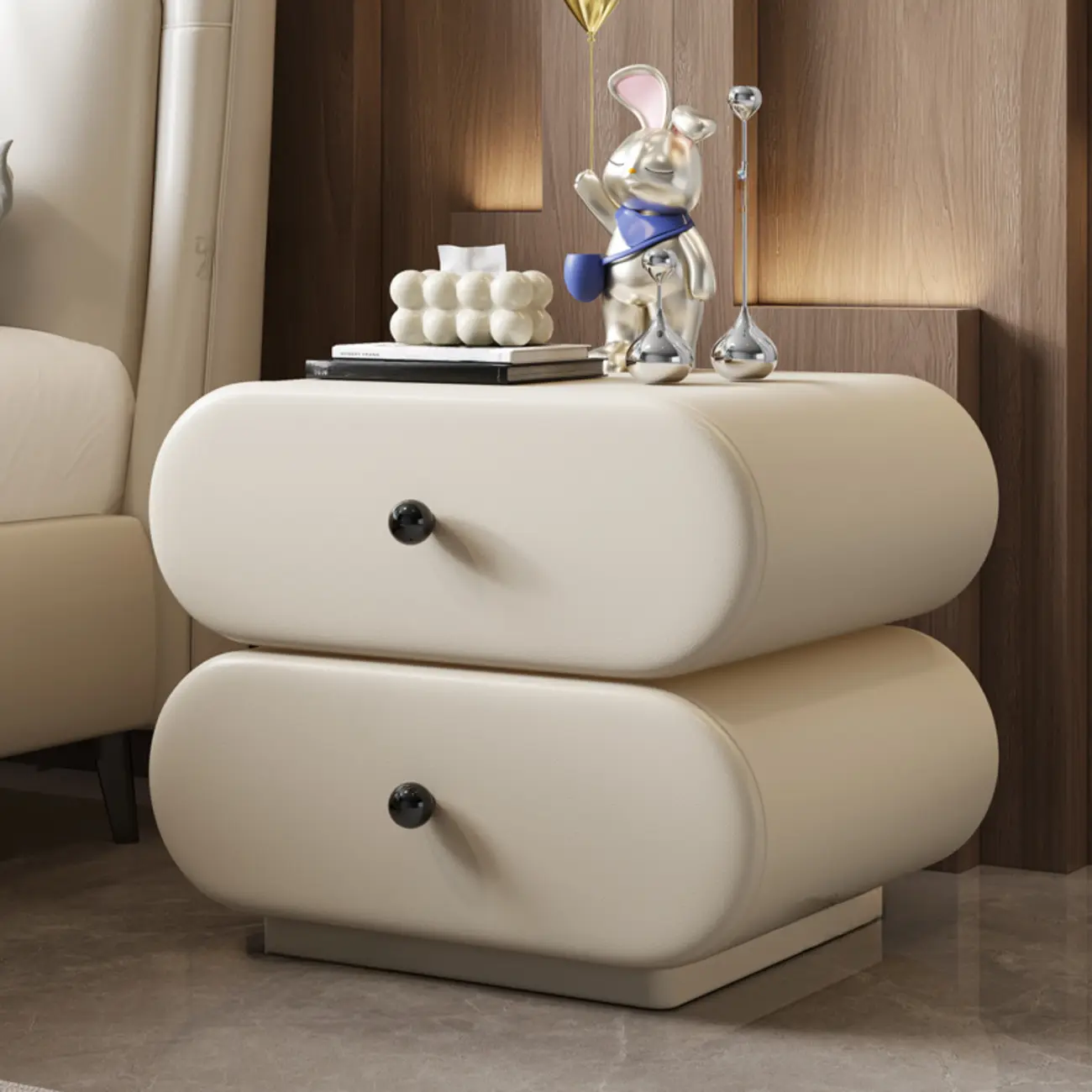 Modern Leather Wood Dual-Tone Drawers Nightstand