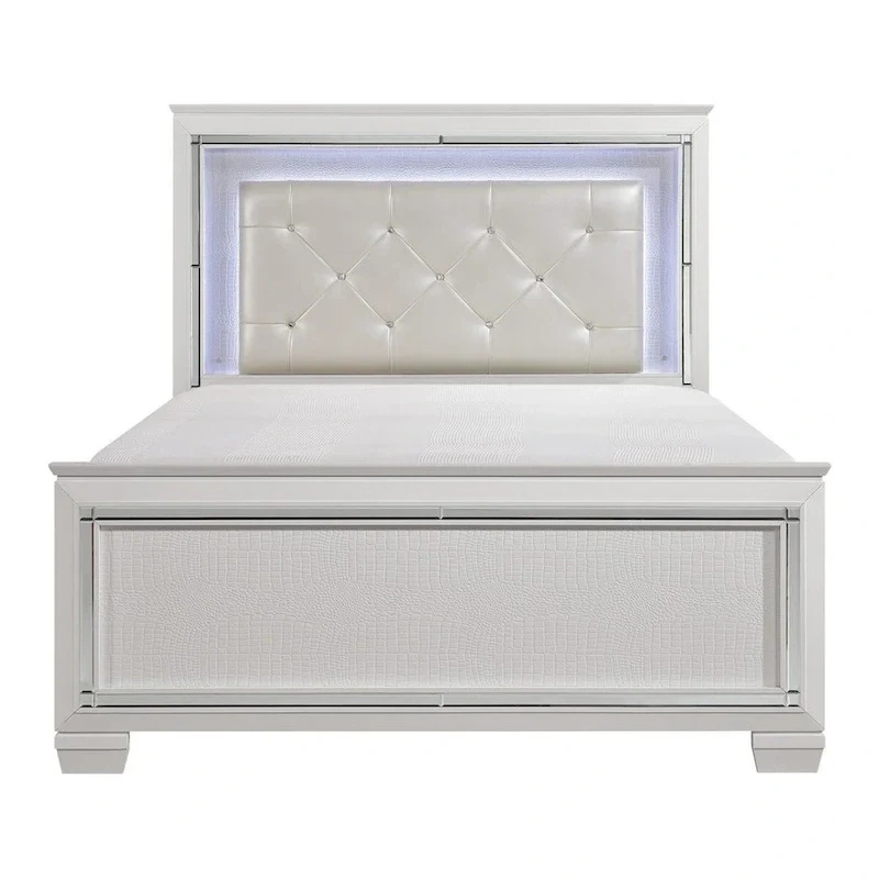 Noah Contemporary Queen Bed, LED Backlit Crystal Tufted Headboard, White