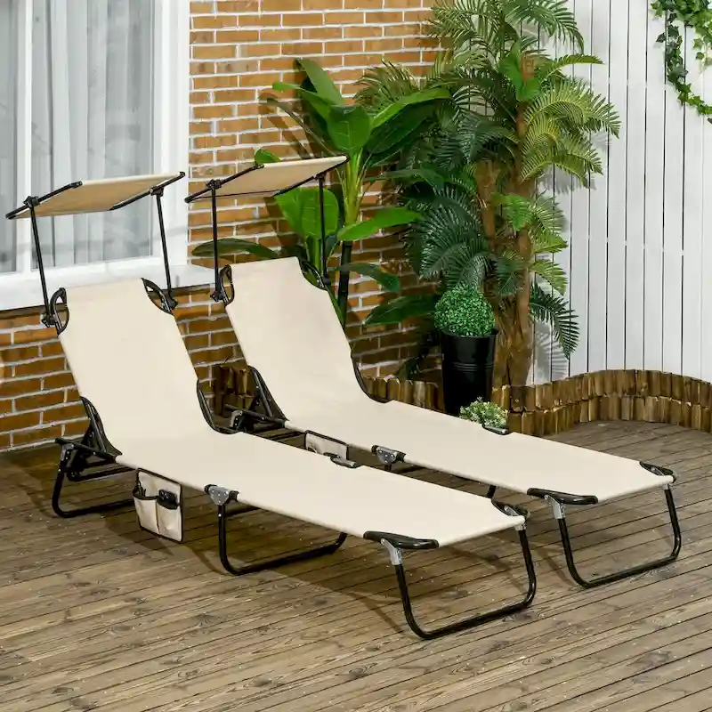 Folding Chaise Lounge Pool Chairs, Outdoor Sun Tanning Chairs with Canopy Shade