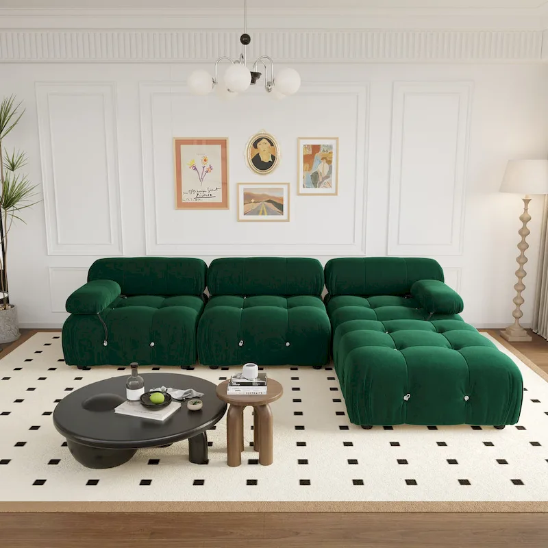 104 Wide Velvet Reversible Modular Sofa & Chaise with Ottoman