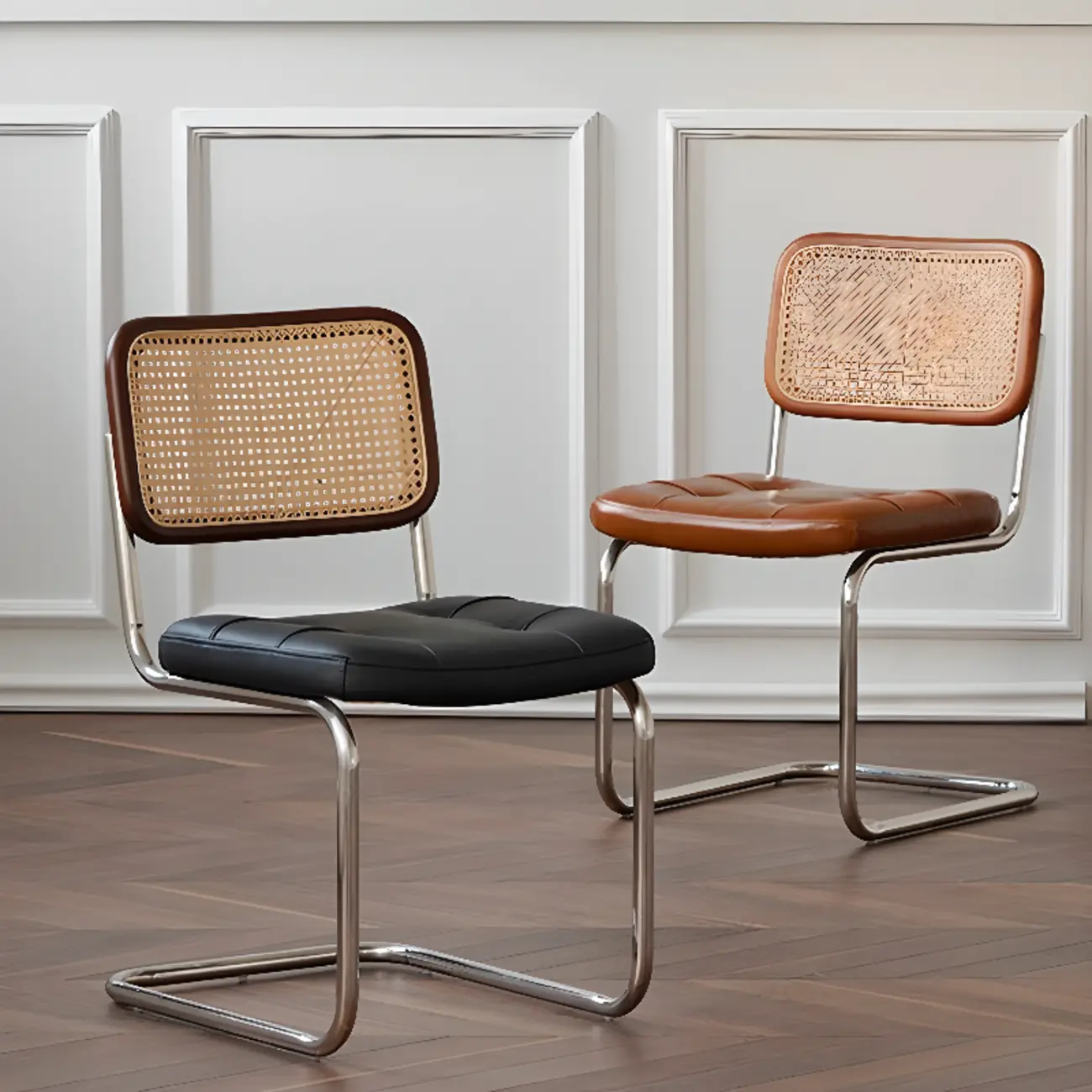 Modern Brown Cantilever Faux Leather Dining Chair Woven Back