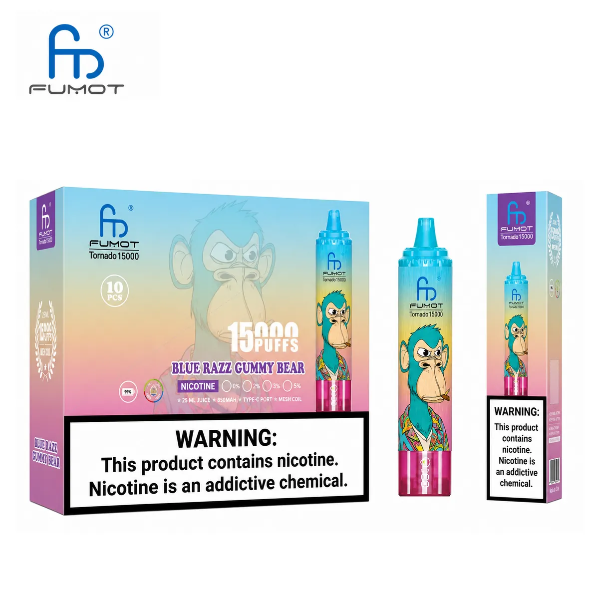 Fumot Tornado 15000 Blue Razz Gummy Bear – 10er-Displaybox mit Einweg-Vape und Einzelpackung