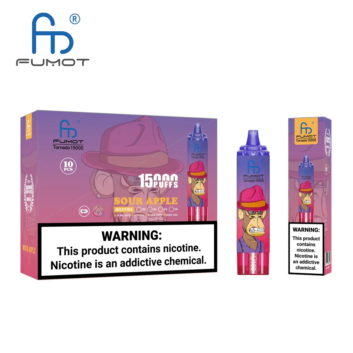 Fumot Tornado 15000 Sour Apple – 10er-Displaybox mit Einweg-Vape und Einzelpackung