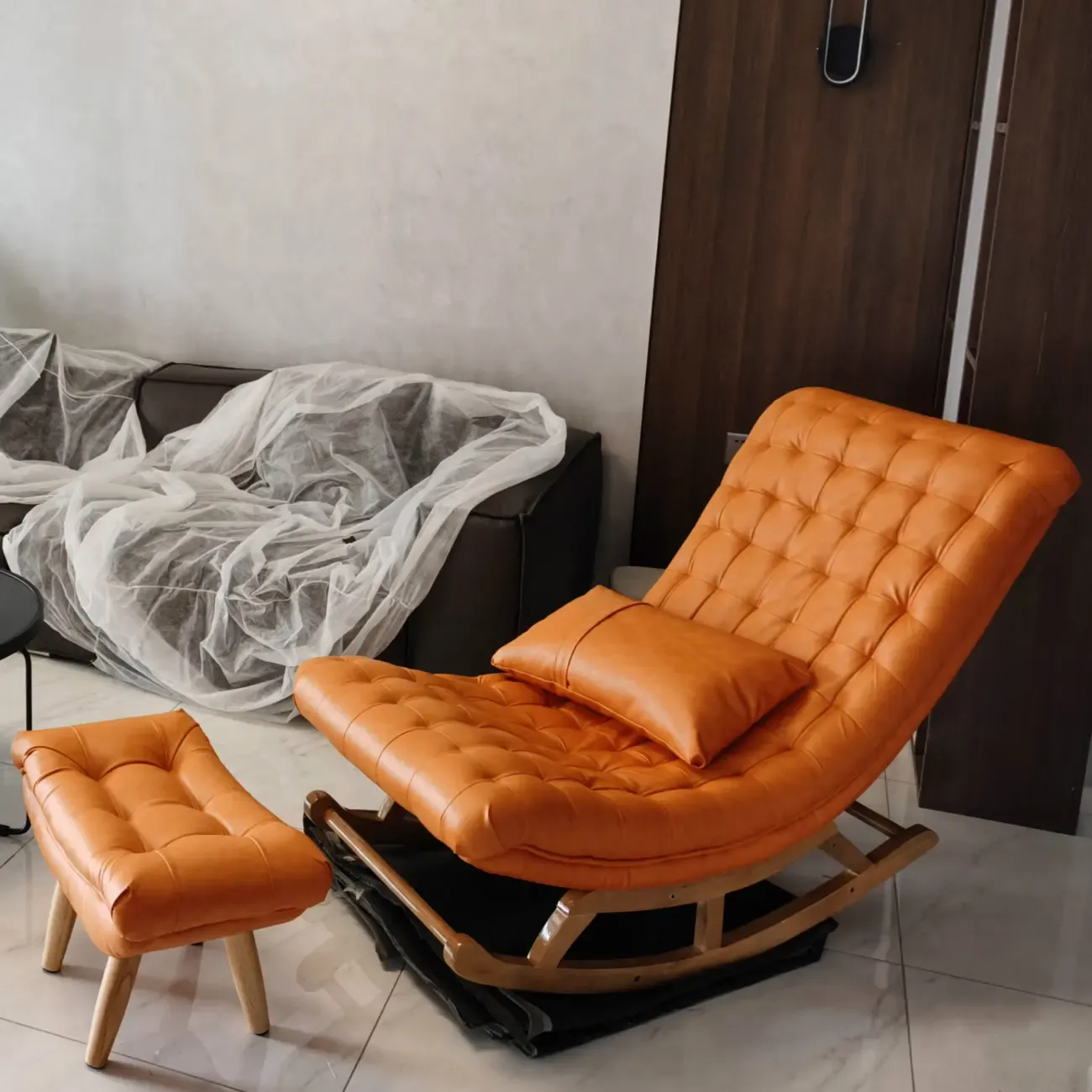 Modern Upholstered Ergonomic Rocking Chair with Ottoman