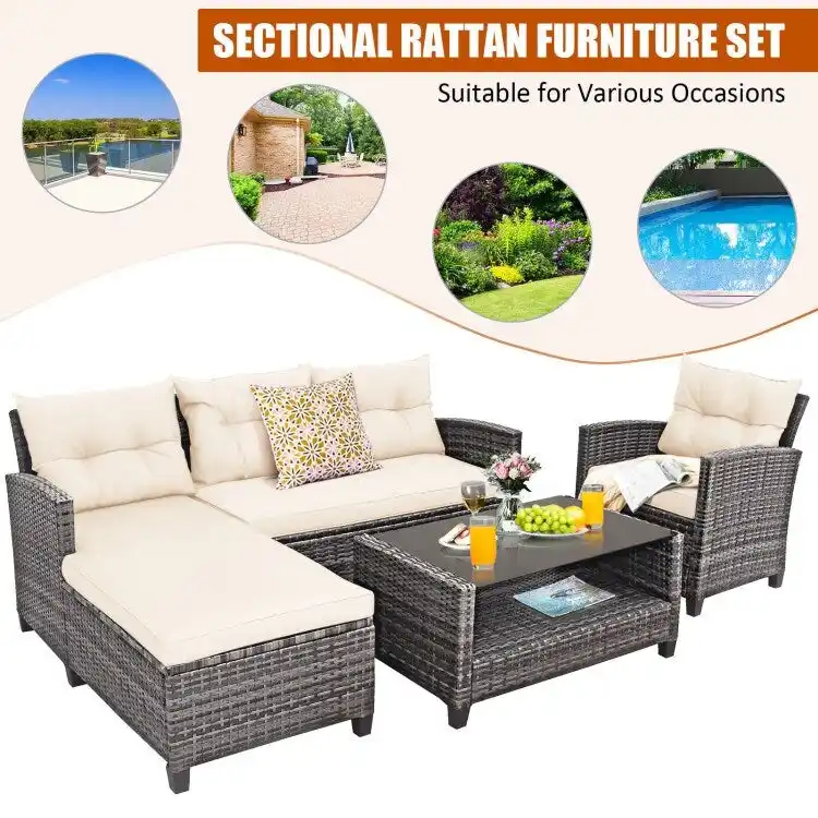 4 Pieces Patio Rattan Furniture Set with Cushion and Table Shelf - 27.5 x 47 x 30 (L x W x H)
