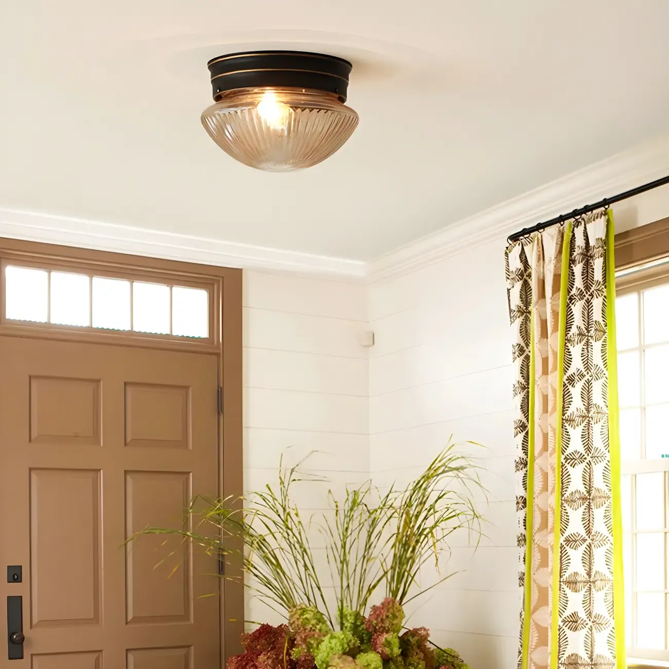 Classic Bronze Amber Ribbed Glass LED Flush Mount Ceiling Light