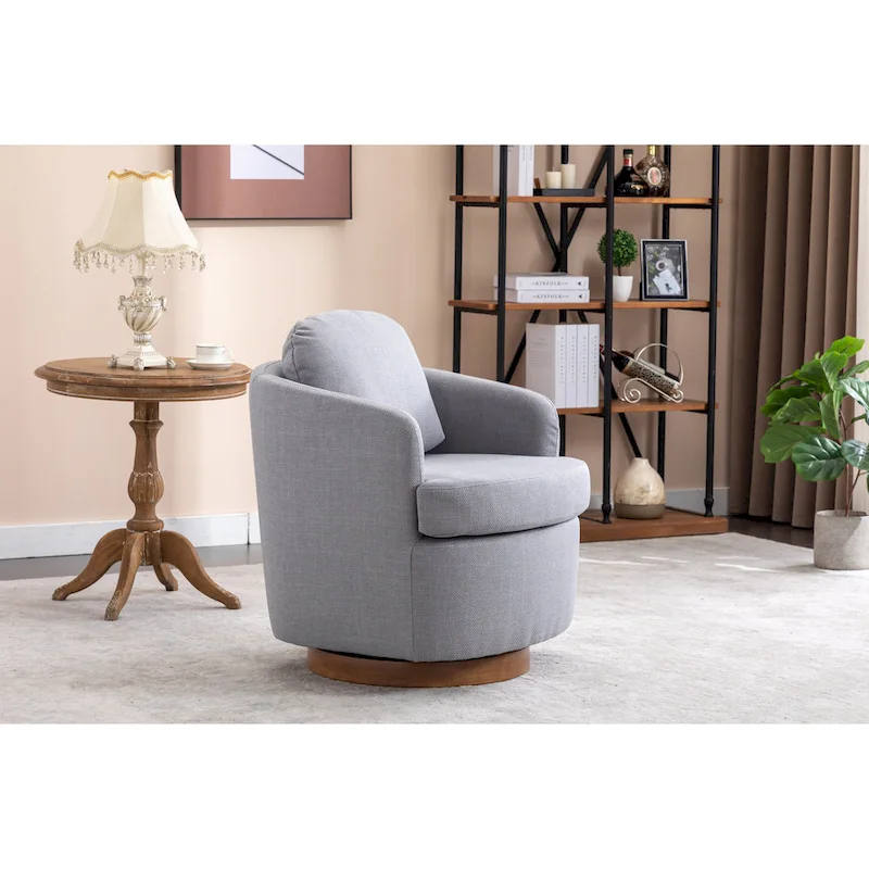 Light Blue Modern 30.3 Upholstered Swivel Accent Chair with Soild Wood Round Brown Base