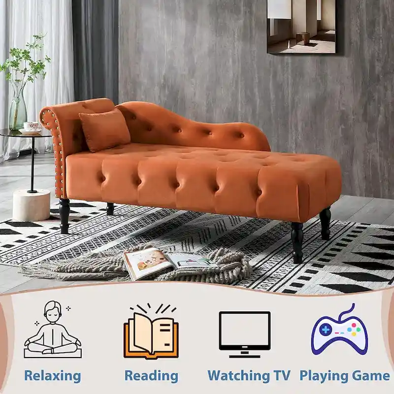 61 Velvet Chaise Lounge Chair with 1 Pillow and Nailhead Trimmed