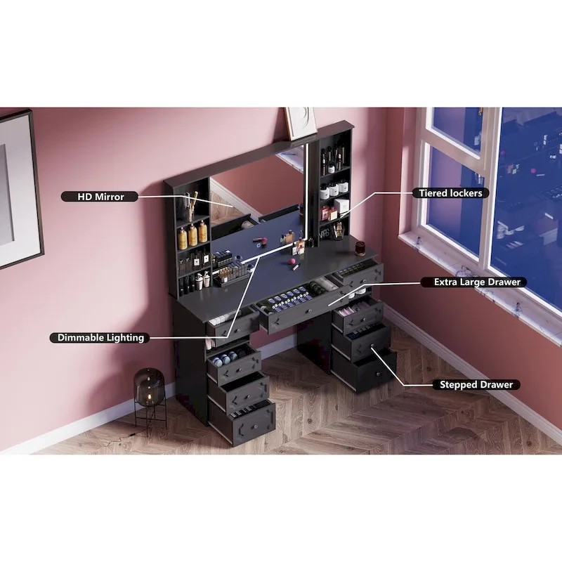 White/ Black Makeup Vanity with Lighted Mirror,Extra Large Vanity Desk with 9 Drawers,European Style Vanities