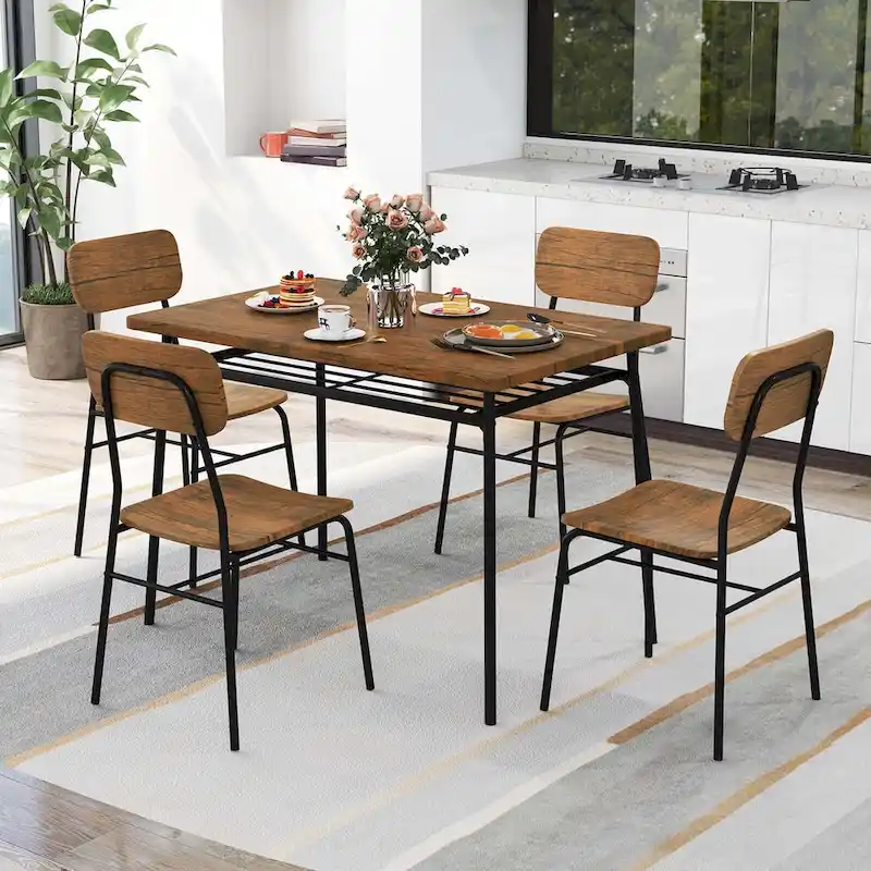 Costway 5 PCS Wood Square Kitchen Table & Chair Set with Metal Frame