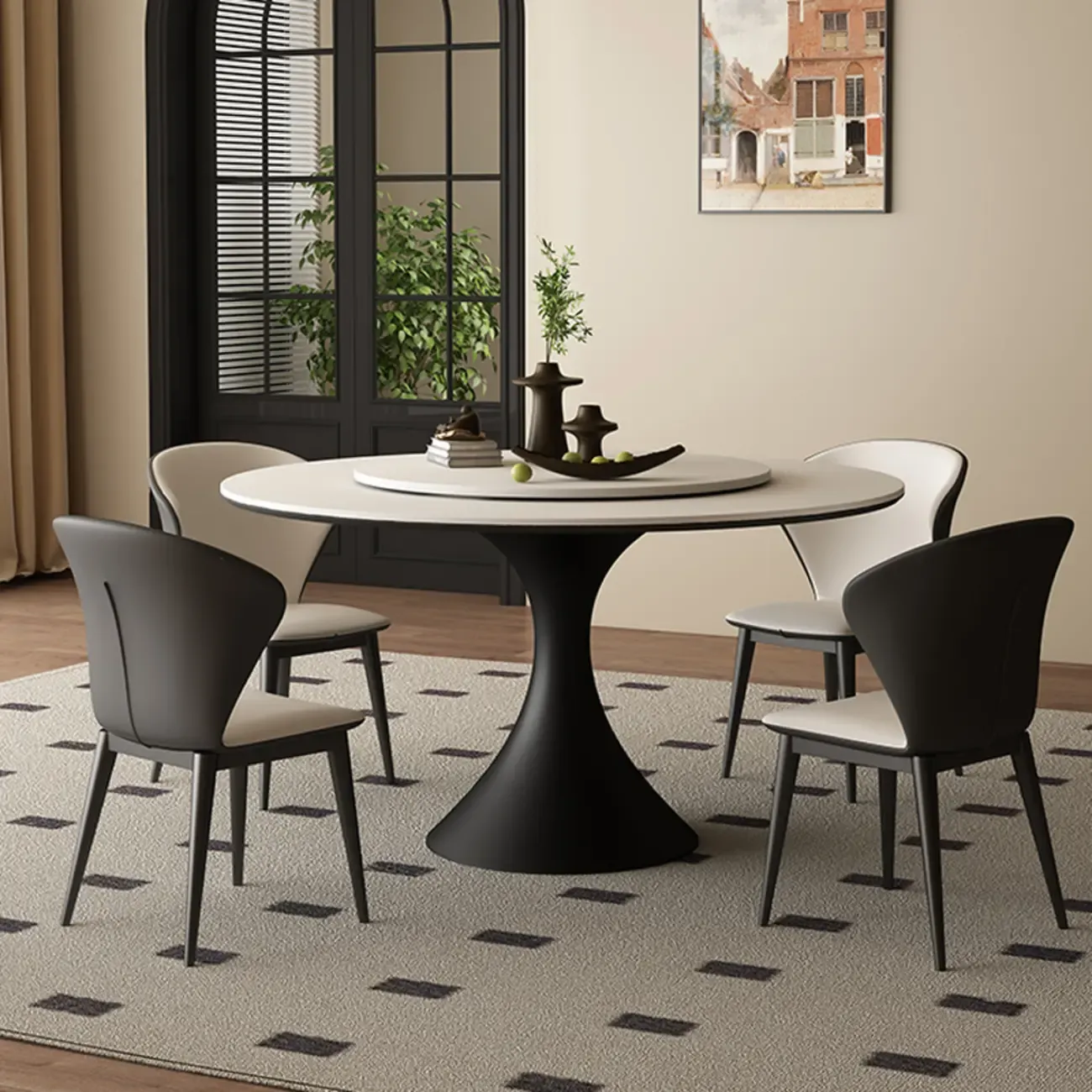 Modern Black Pedestal White Stone Top Round Dining Table