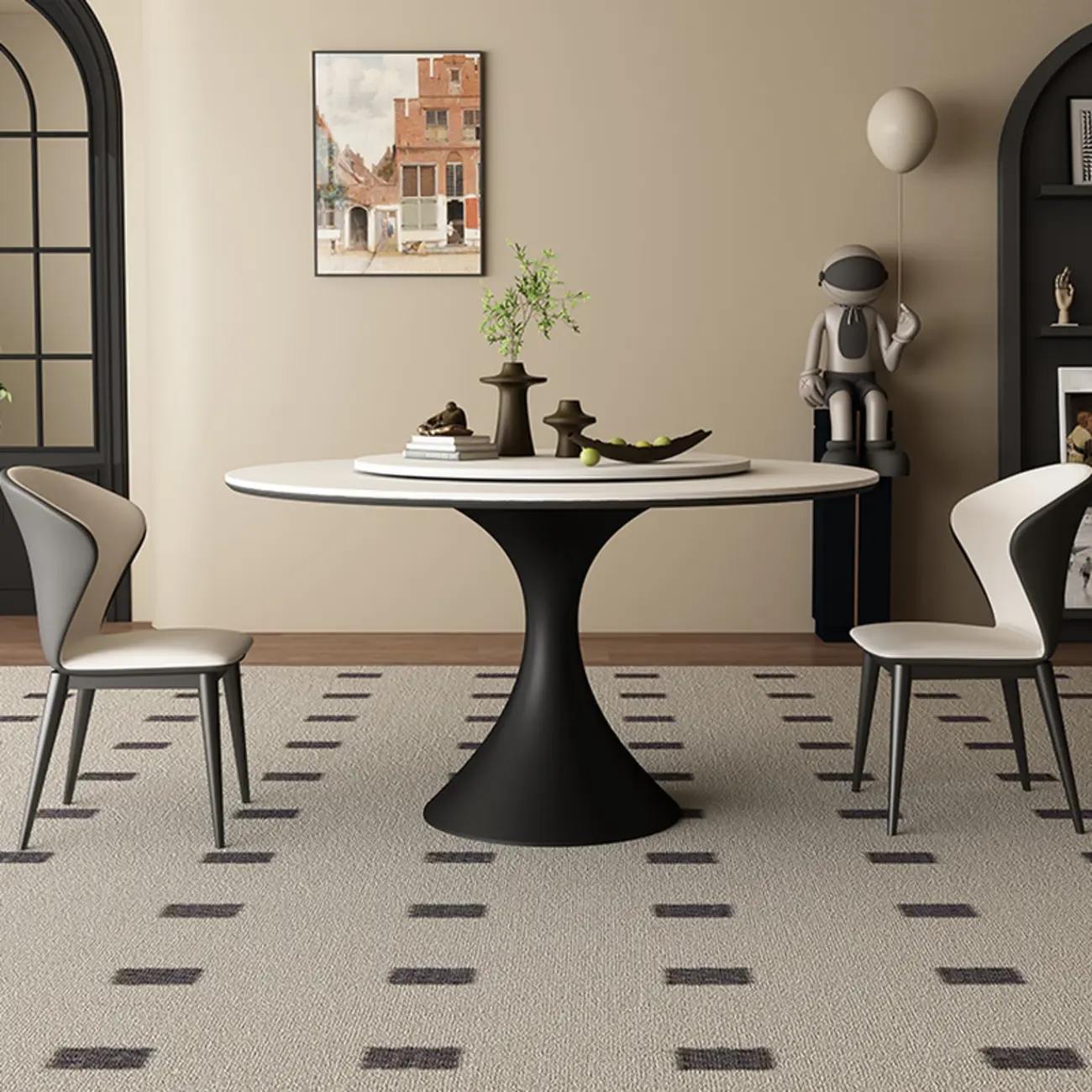 Modern Black Pedestal White Stone Top Round Dining Table