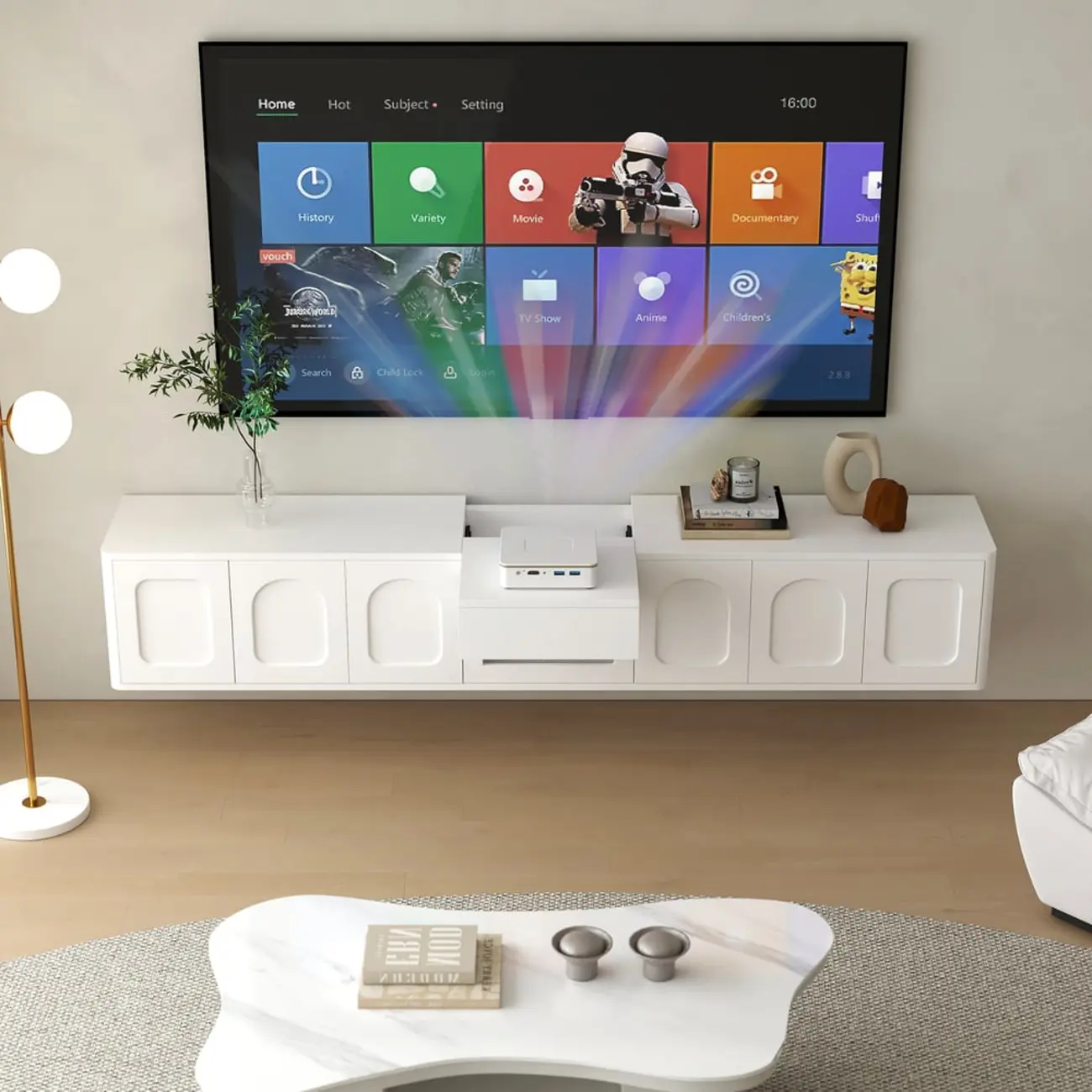 Modern Long Floating White TV Stand with Drawers