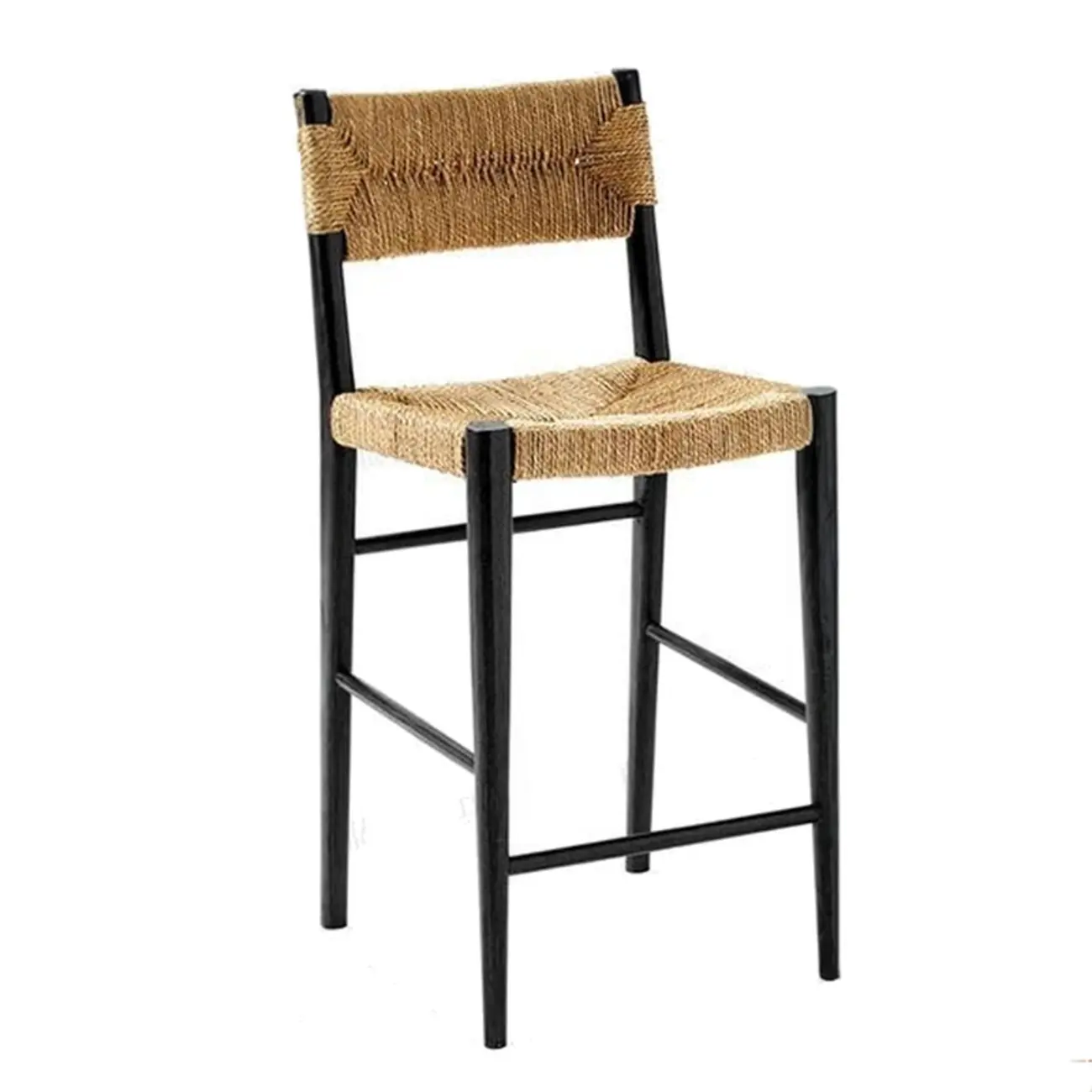Natural Wood Woven Seat Low Back Bar Stools