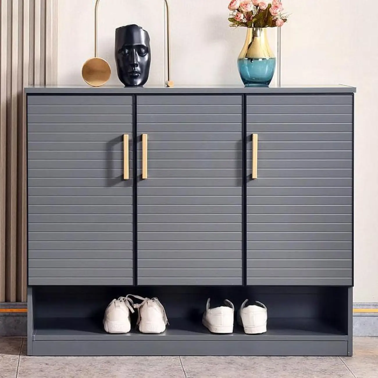 Metal Grey Shoe Cabinet with Open Bottom Shelf