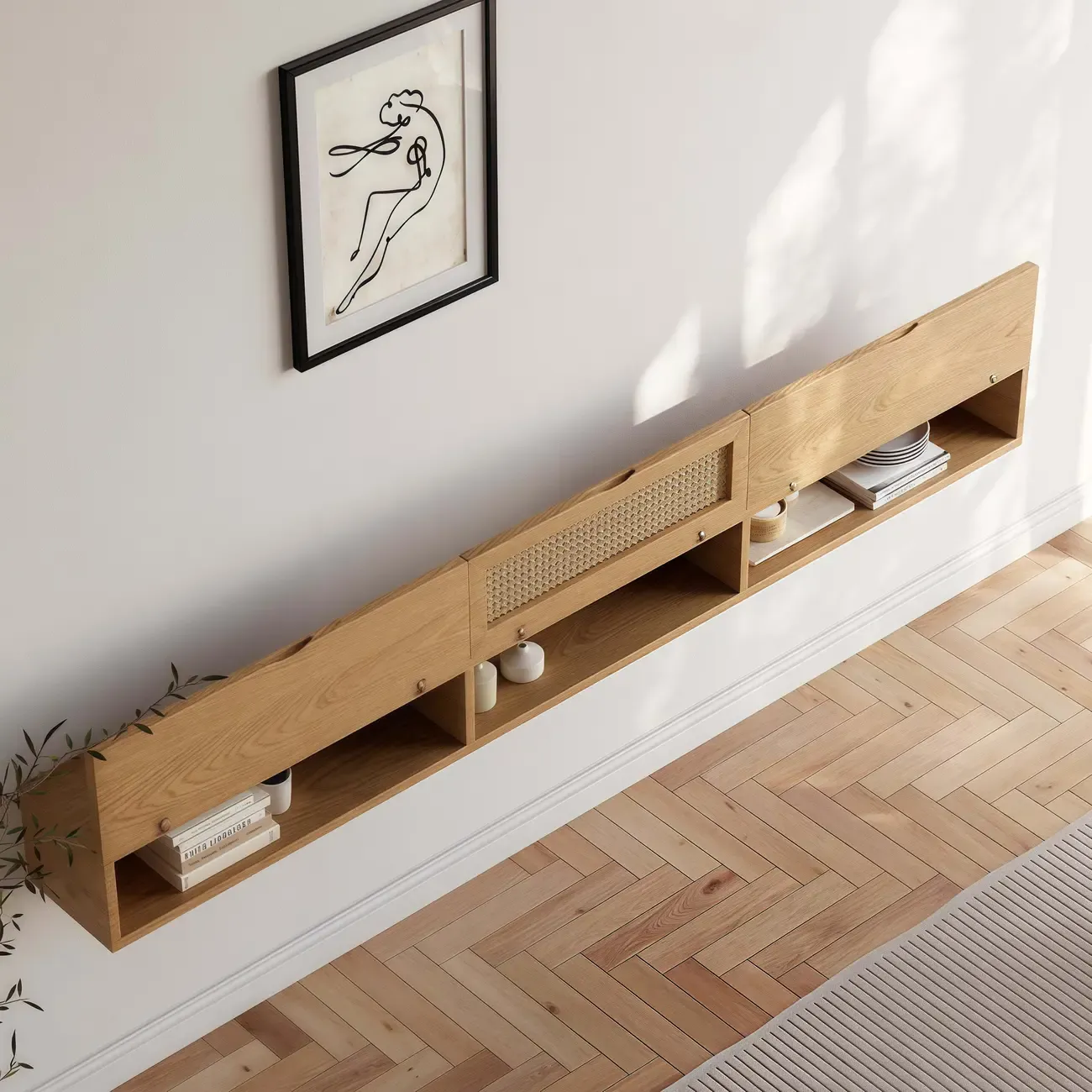 Walnut Ash Wood Floating Rattan Flip-Up TV Stand