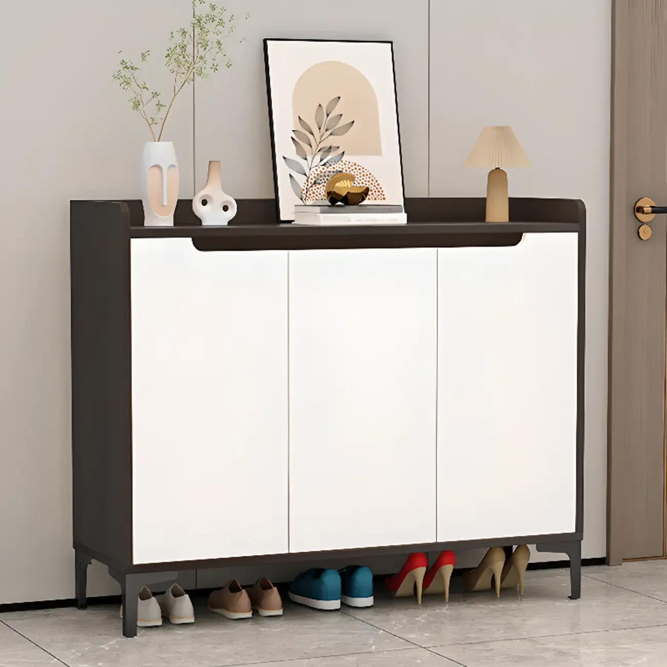 Sleek Milk Cocoa Wood Shoe Cabinet with Display Top