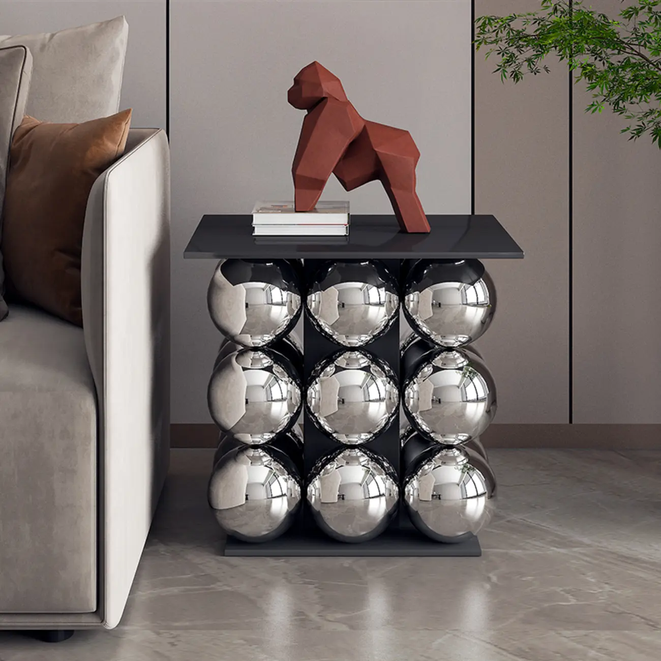 Artistic Modern Pedestal Metal Side Table with Stone Top