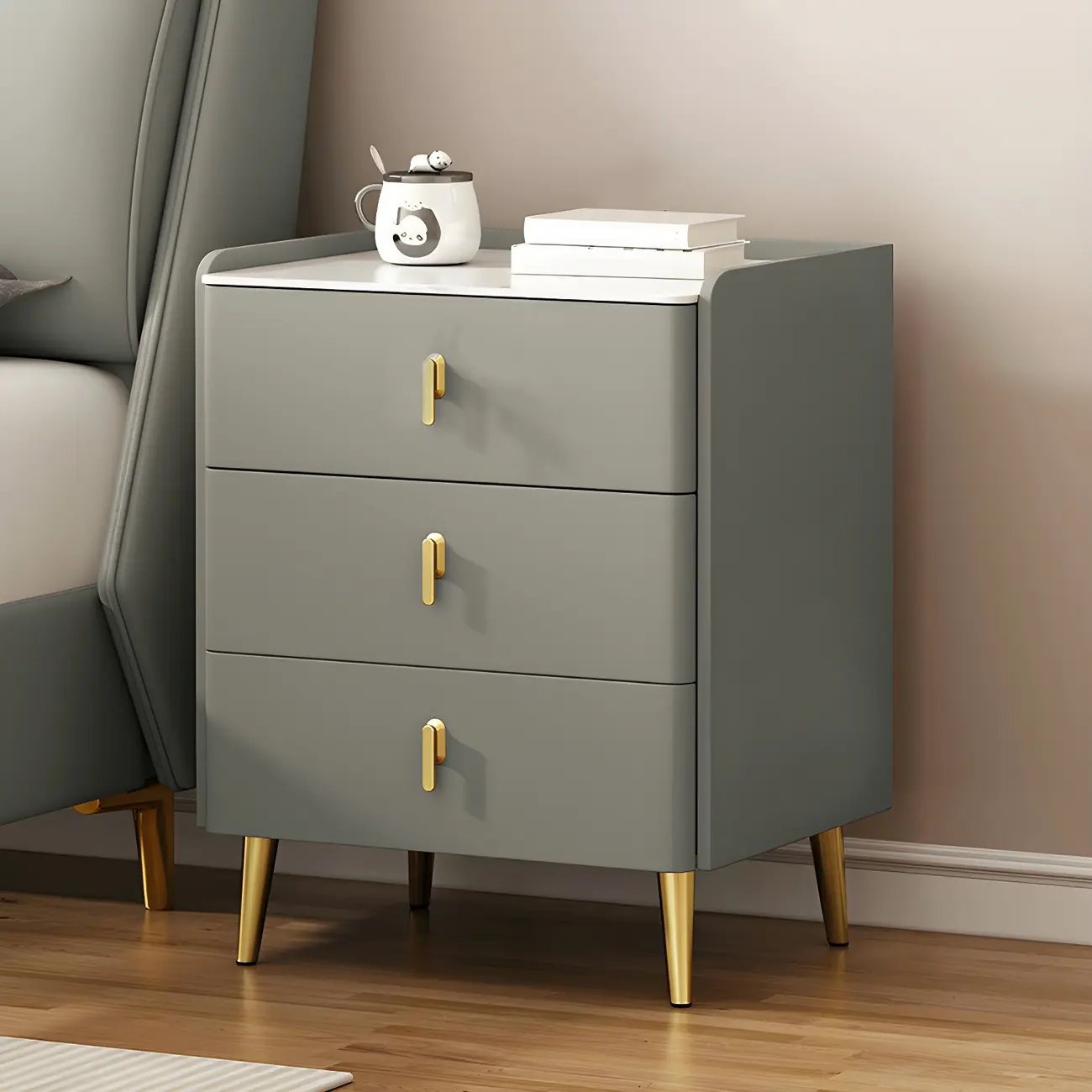 Modern Faux Leather 3 Drawers Nightstand with Stone Top