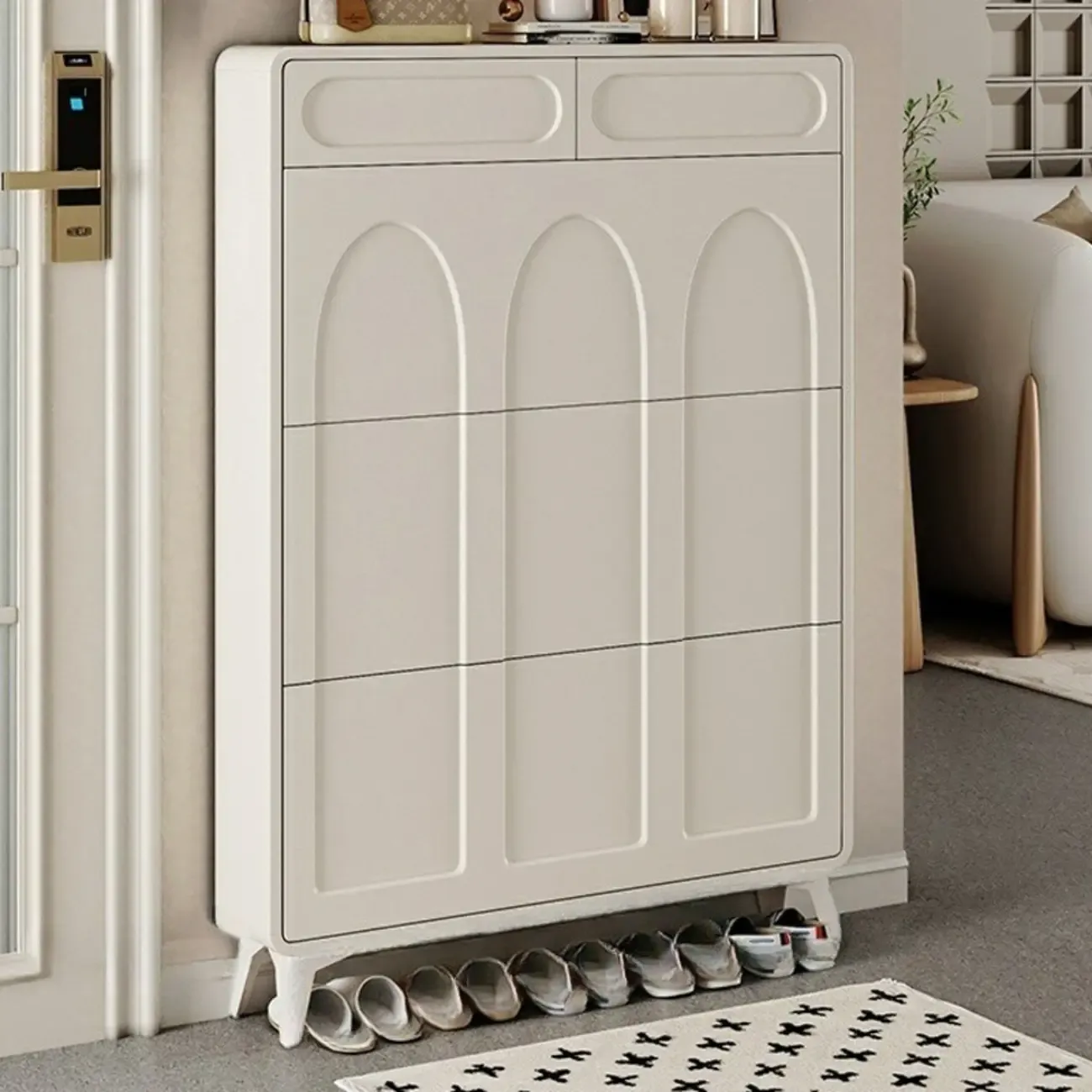 Vertical Slim White Wooden Drop Front Shoe Cabinet