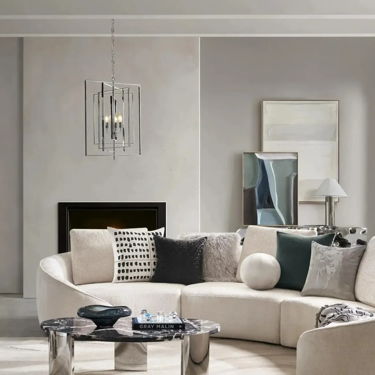 Modern Silver Rectangular Metal Cage Chandelier