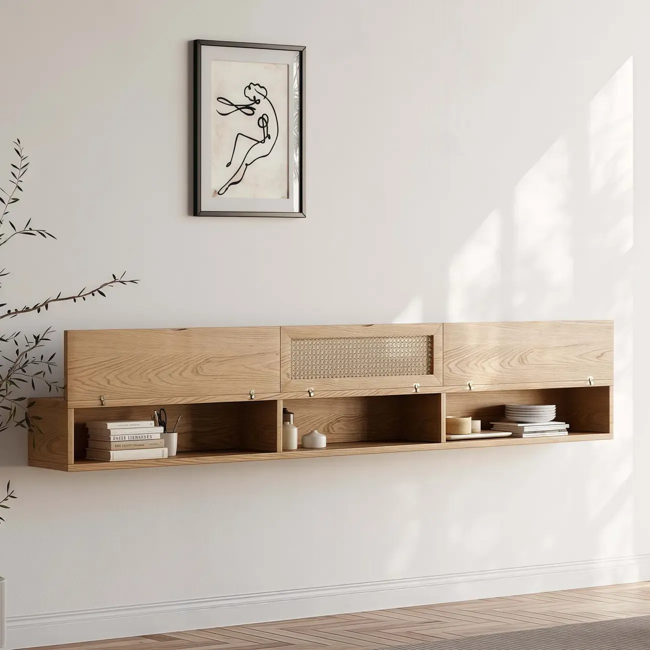 Walnut Ash Wood Floating Rattan Flip-Up TV Stand