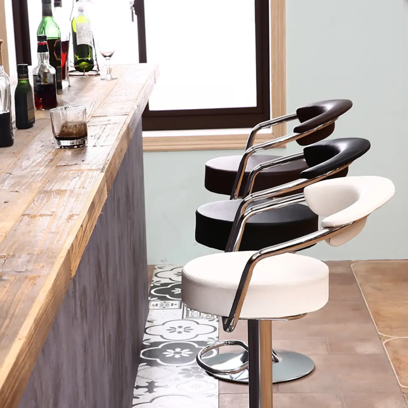 Modern Chrome Leather Ergonomic Adjustable Bar Stool