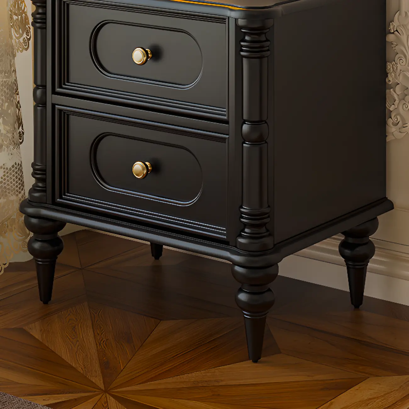 Traditional Black Wood 2 Tiers Drawer Nightstand