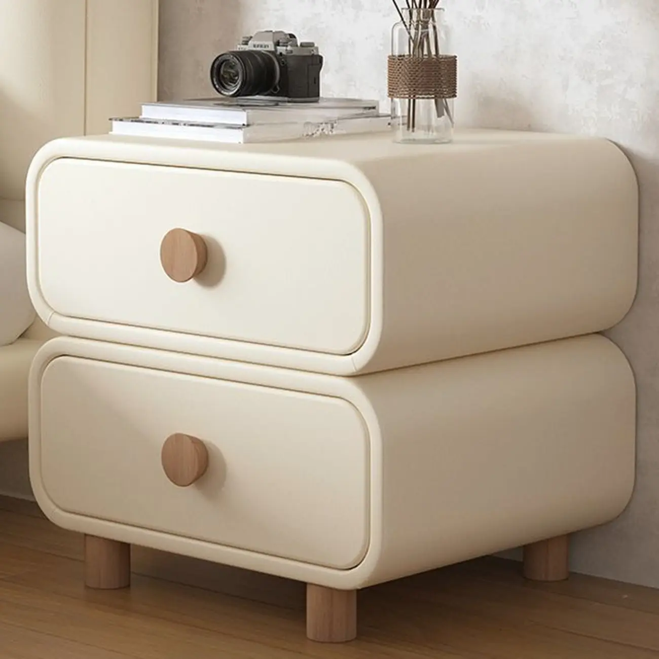 Pleather Scandinavian Nightstand With Faux Leather Finish