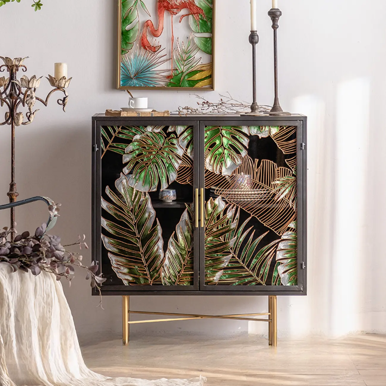Plant Pattern Glass Door Storage Sideboard with Gold Legs