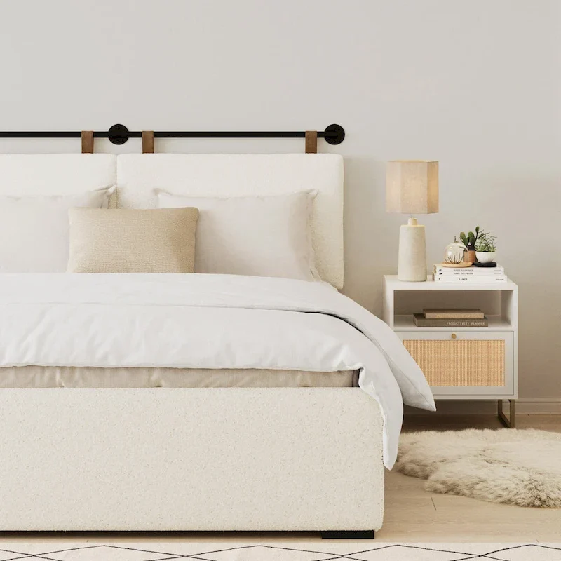 Charlie Wall Mount Boucle Upholstered Padded Headboard, Adjustable Height with Metal Rail