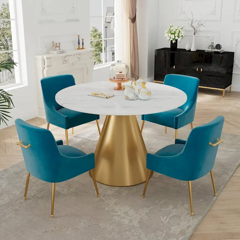 48 Marble Top Metal Dining Table with Velvet Dining Chair Set
