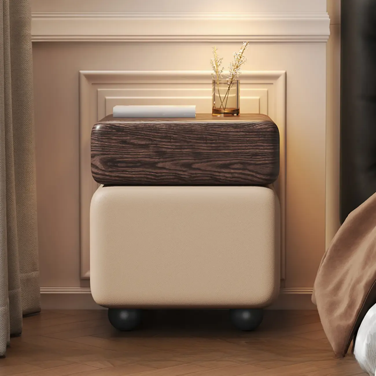 Black Walnut Finish Faux Leather 2-Drawer Nightstand