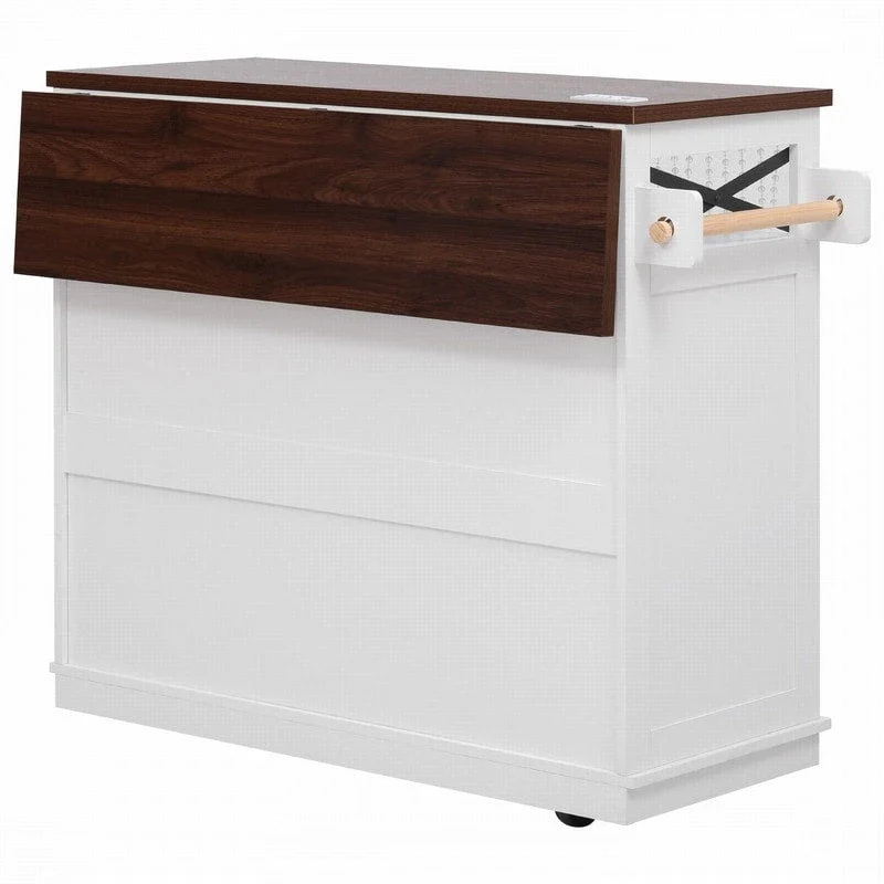 Farmhouse 46.5 Kitchen Island with Power Outlet, Rolling Kitchen Cart on Wheels with Drop Leaf