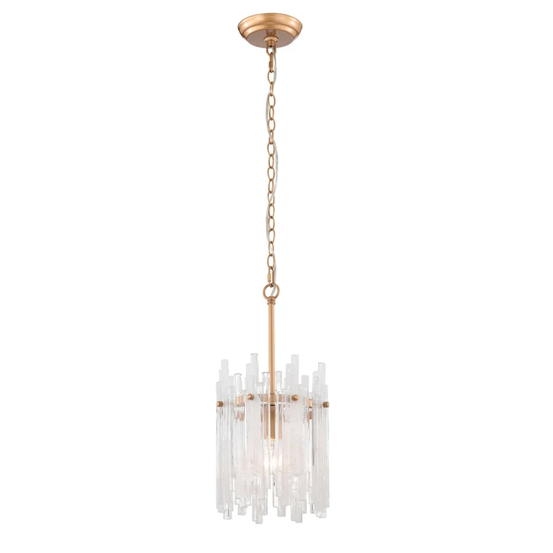 Casandra 1 Light Shiny Bronze Drum Pendant Chandelier with Clear Glass Bars - 8 inches in diameter x 17.9 inches H