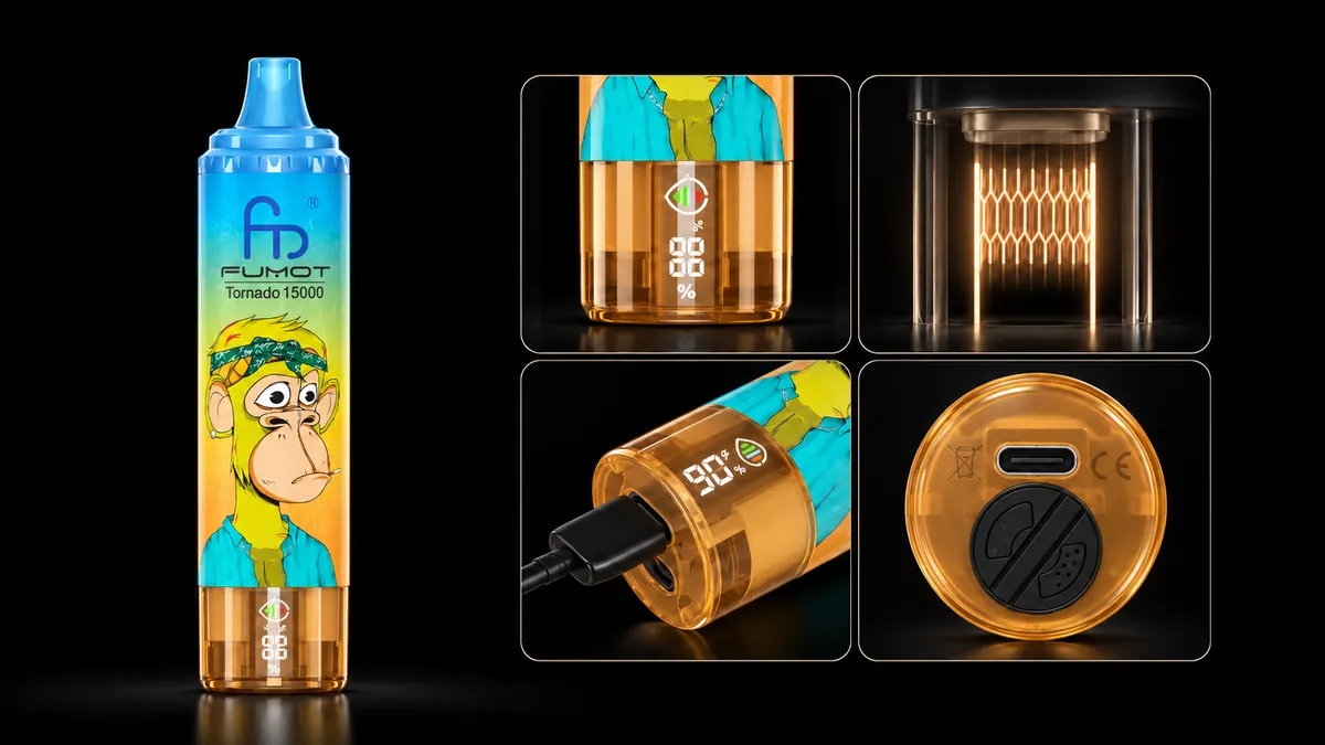 FUMOT Tornado 15000 Peach Mango – Detailansichten von Display, Heizsystem, USB-C-Anschluss und Luftregulierung