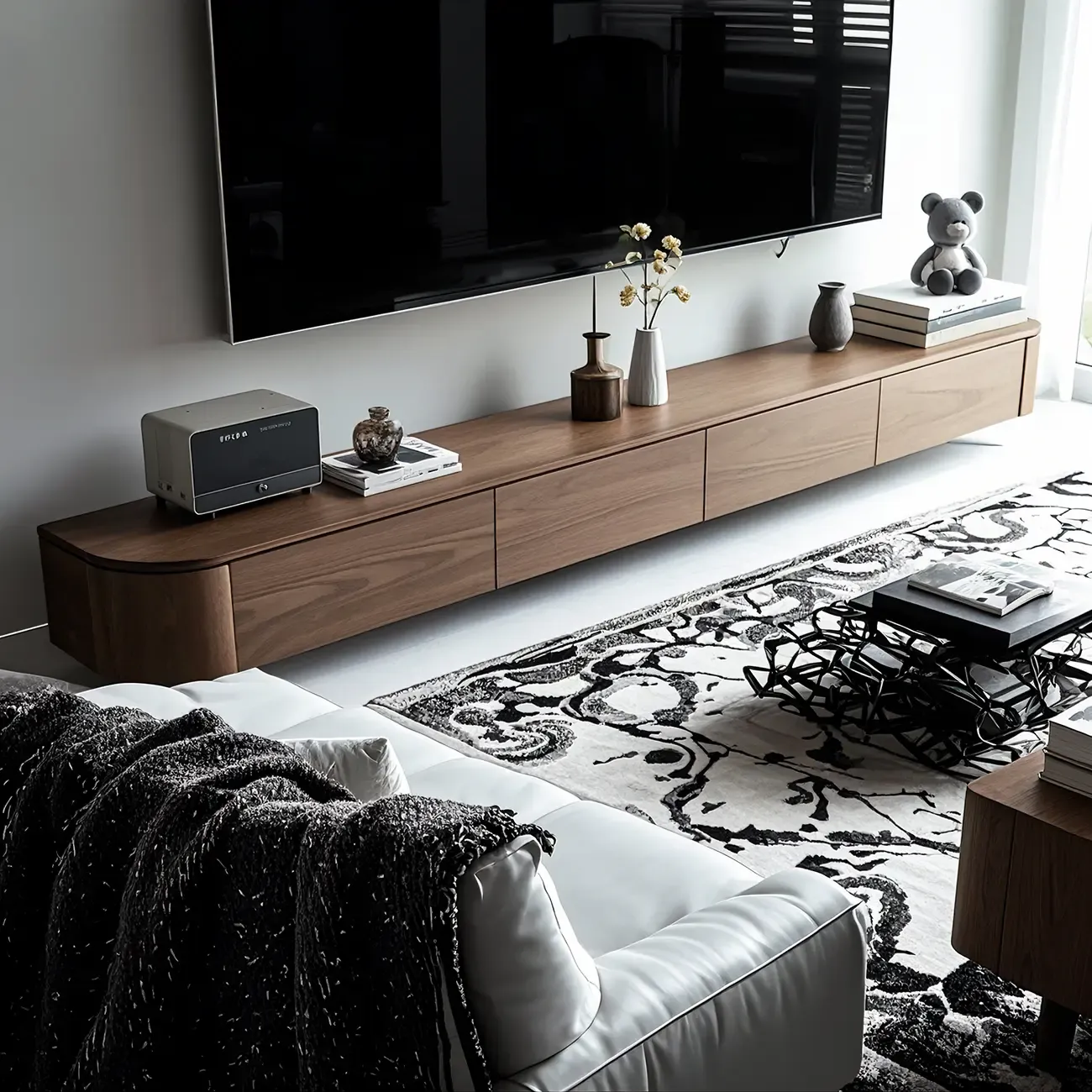 Nut-Brown Modern Wooden Wall-Mounted TV Stand with Light