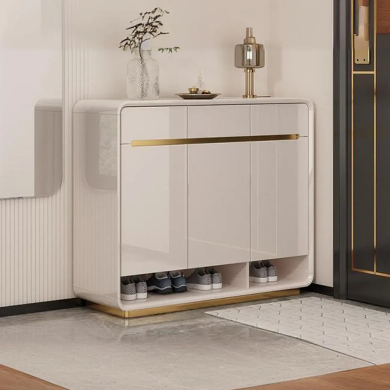 Glam Beige Solid Wood Shoe Cabinet with Display Top