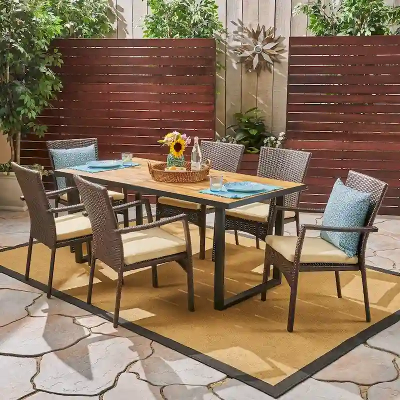 Powell Outdoor 6-Seater Rectangular Acacia Wood and Wicker Dining Set by Christopher Knight Home