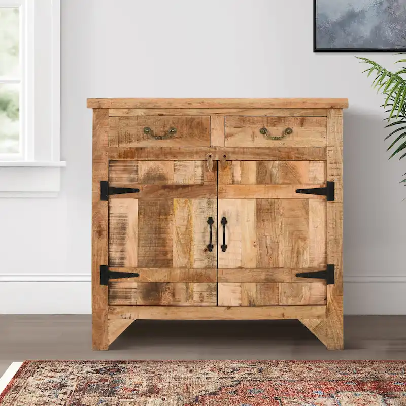 39 Inch Artisanal Farmhouse Style 2 Drawer Mango Wood Cabinet Console with 2 Door Storage Rustic Brown